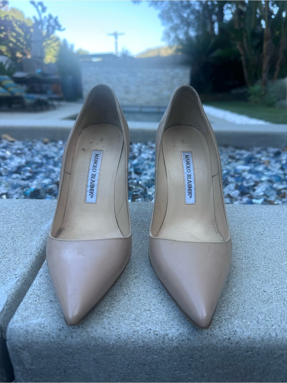 Manolo Blahnik Nude Patent Leather Pointed-Toe Pumps — Blush Beige